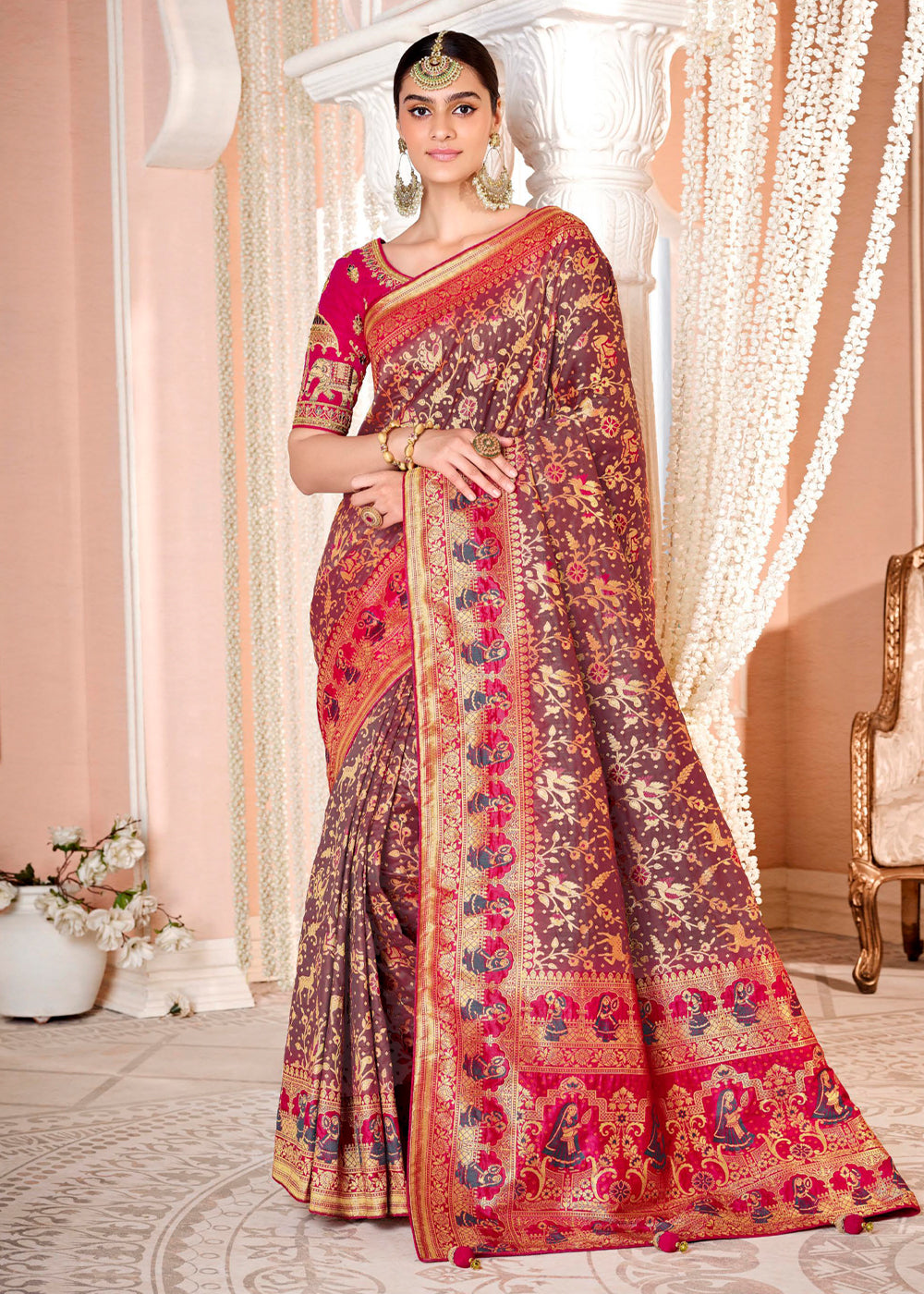 Medium Purple and Pink Zari Woven Banarasi Saree with Designer Blouse