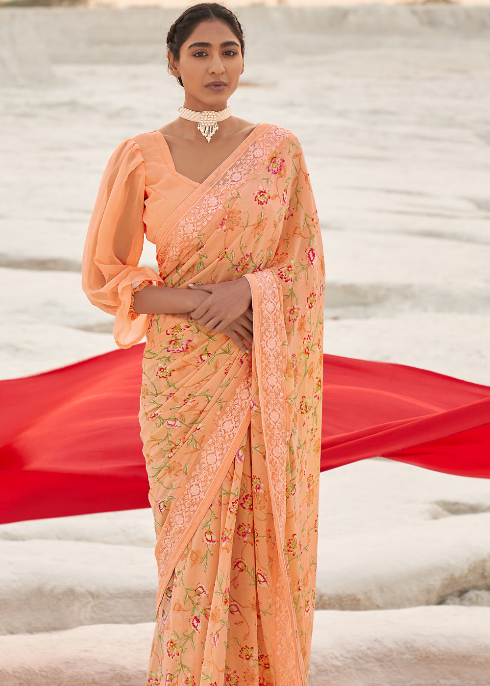 Navajo Peach Digital Printed Chiffon Saree