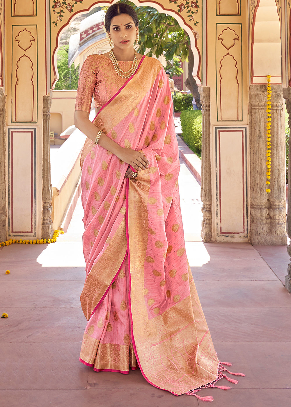 Pastel Pink Zari Woven Banarasi Linen Saree