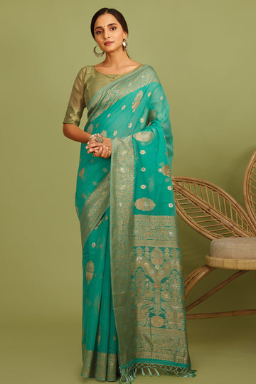 Spray Blue Zari Woven Linen Saree