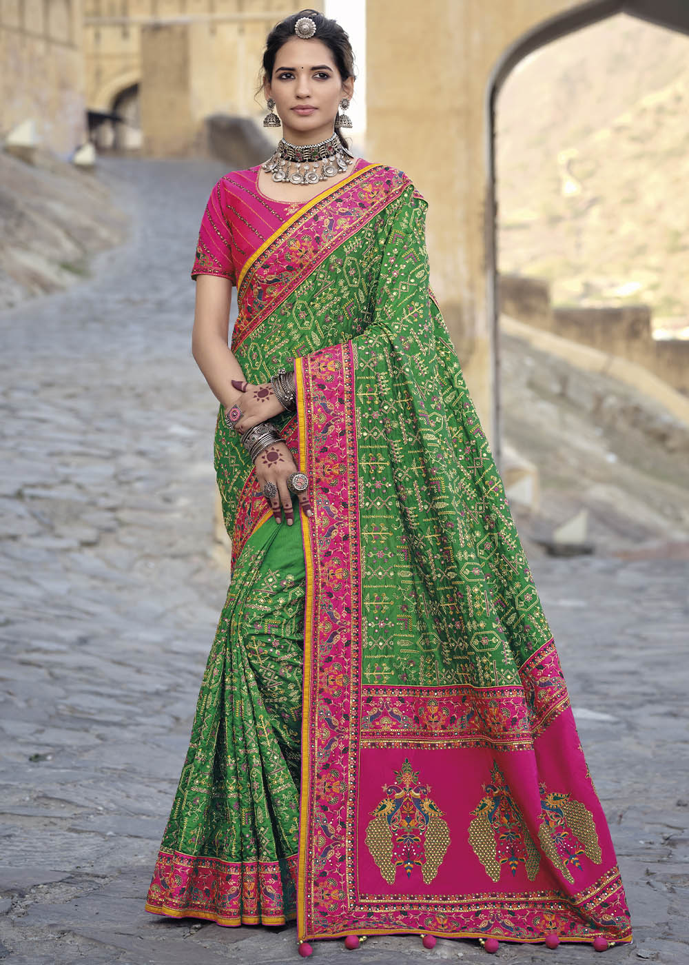 Forest Green and Pink Banarasi Saree with Kachhi,Mirror and Diamond Work