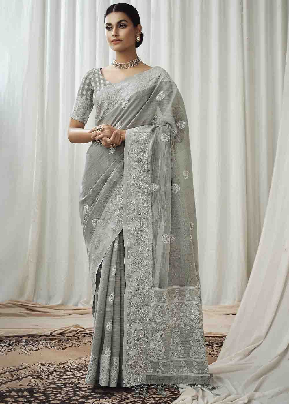 Bitter Grey Chikankari Linen Saree