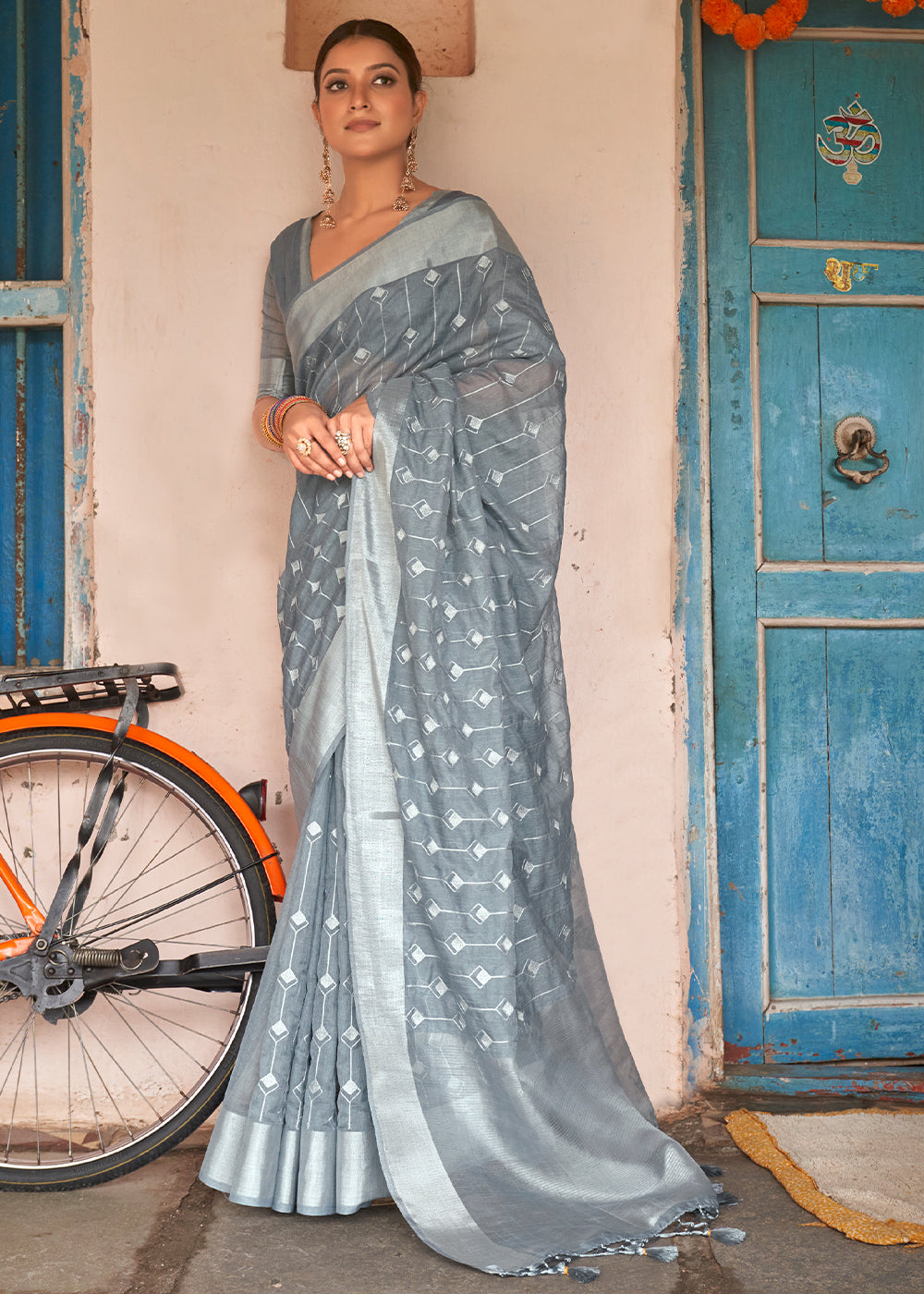 Tower Grey Floral Embroidered Linen Saree