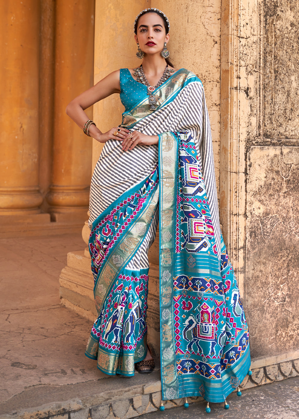 Boston White and Blue Zari Woven Patola Saree