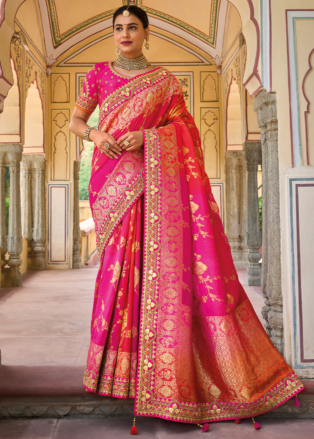 Mandy Pink and Orange Embroidered Dola Silk Saree