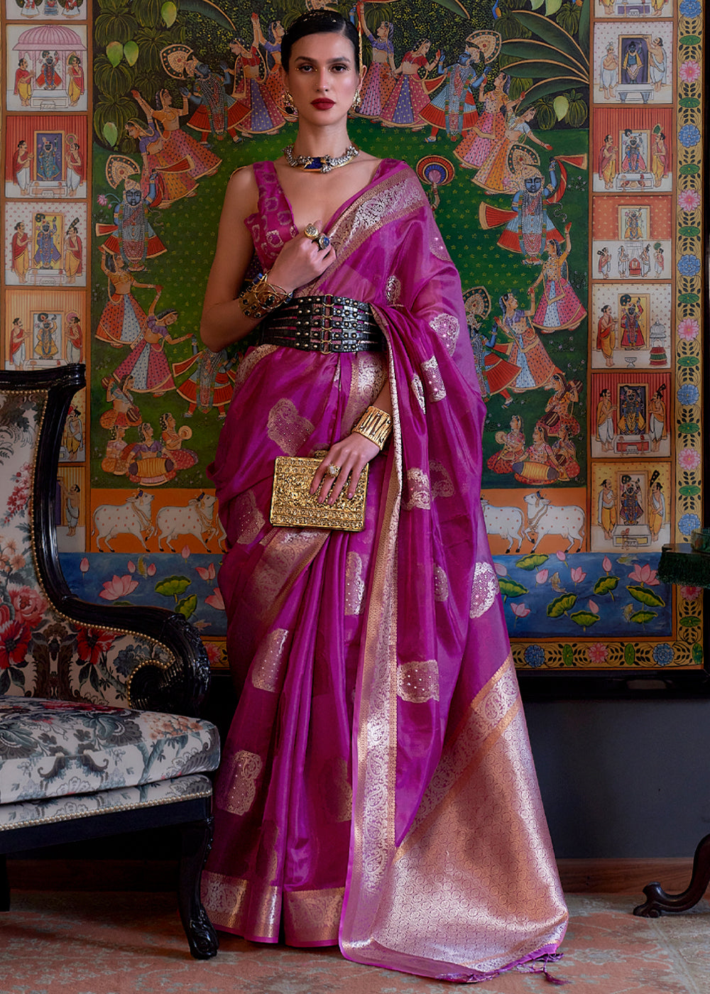 Hibiscus Purple Woven Banarasi Organza Silk Saree