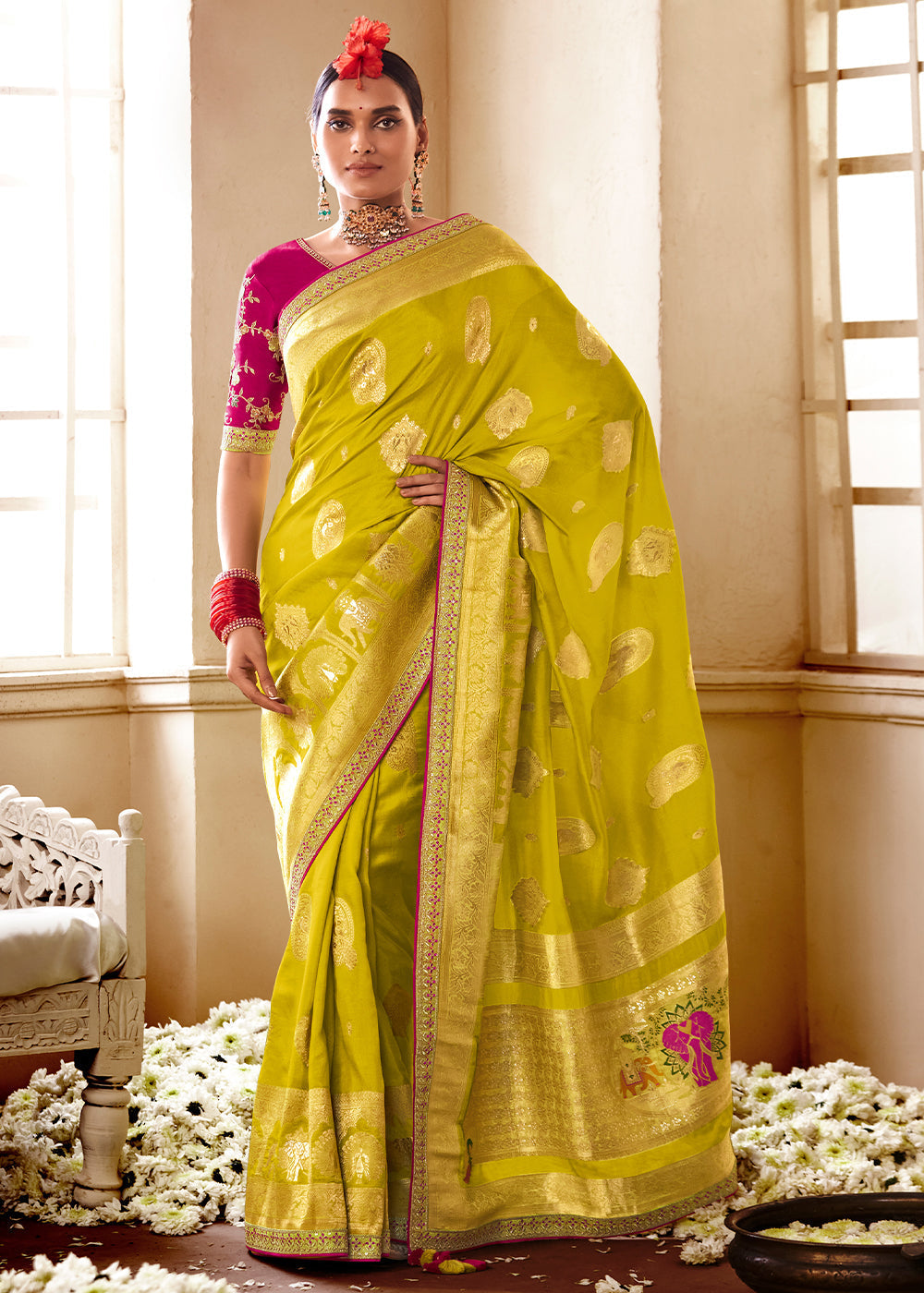 Anzac Green and Red Banarasi Saree with Designer Blouse