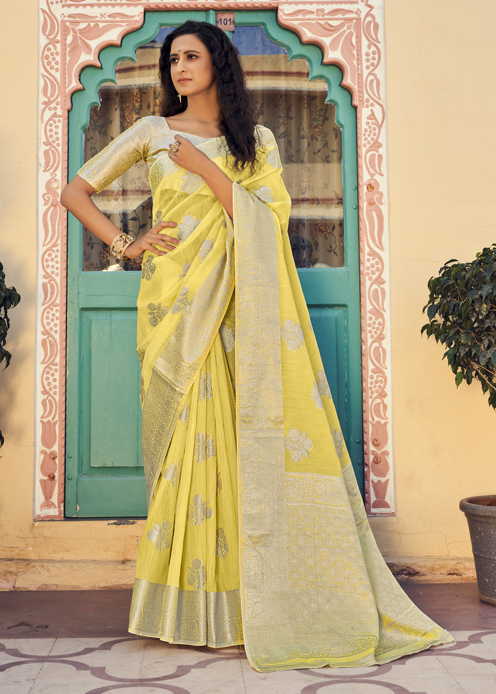 Witch Haze Yellow Zari Woven Banarasi Linen Saree