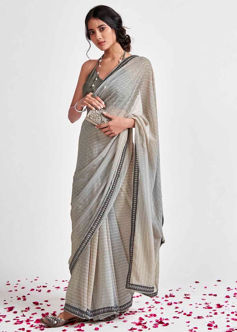 Tea Grey Printed Georgette Saree