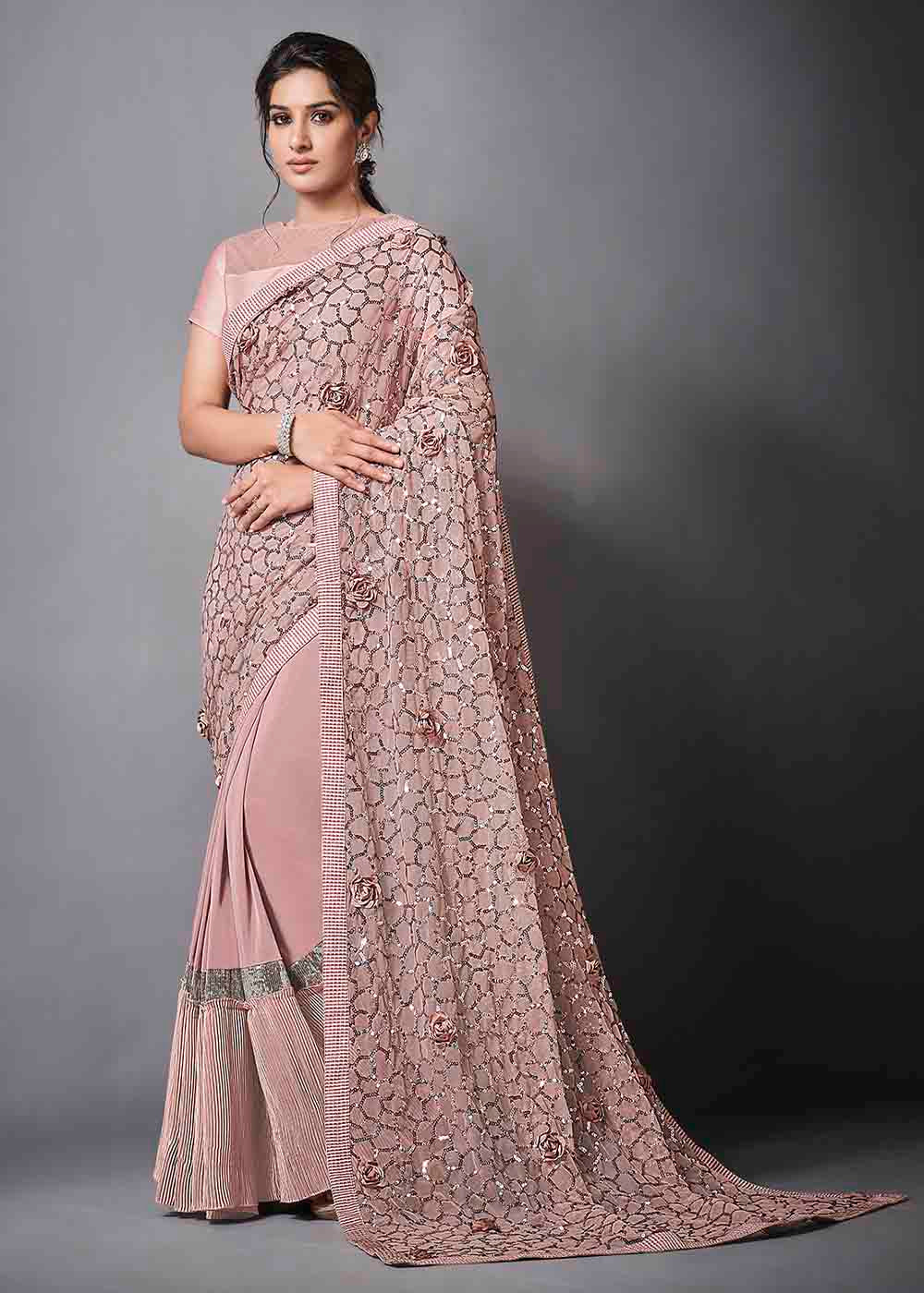 Eunry Pink Designer Lycra Saree with Embroidery Work