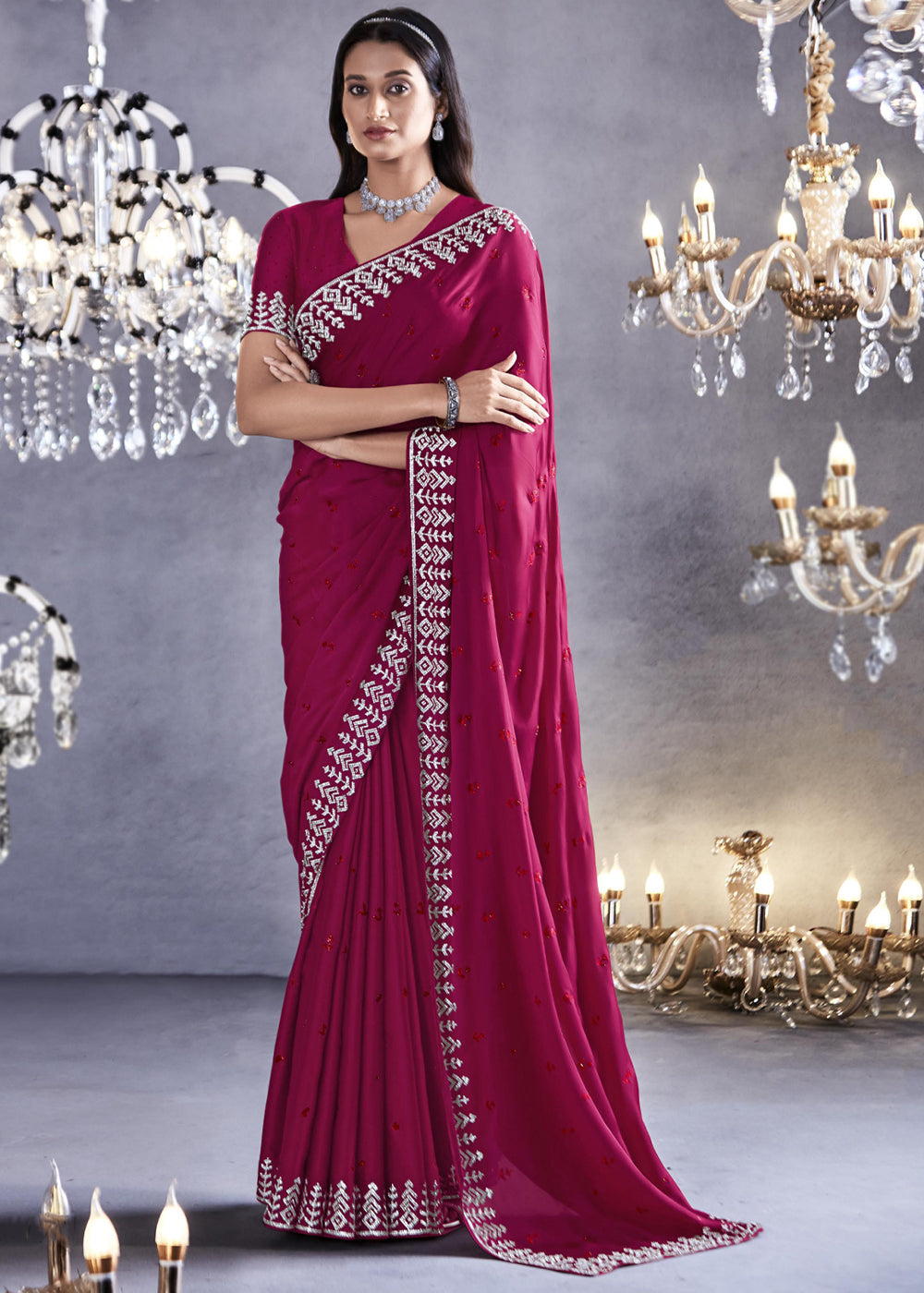 Hibiscus Pink Woven Embroidered Satin Silk Saree