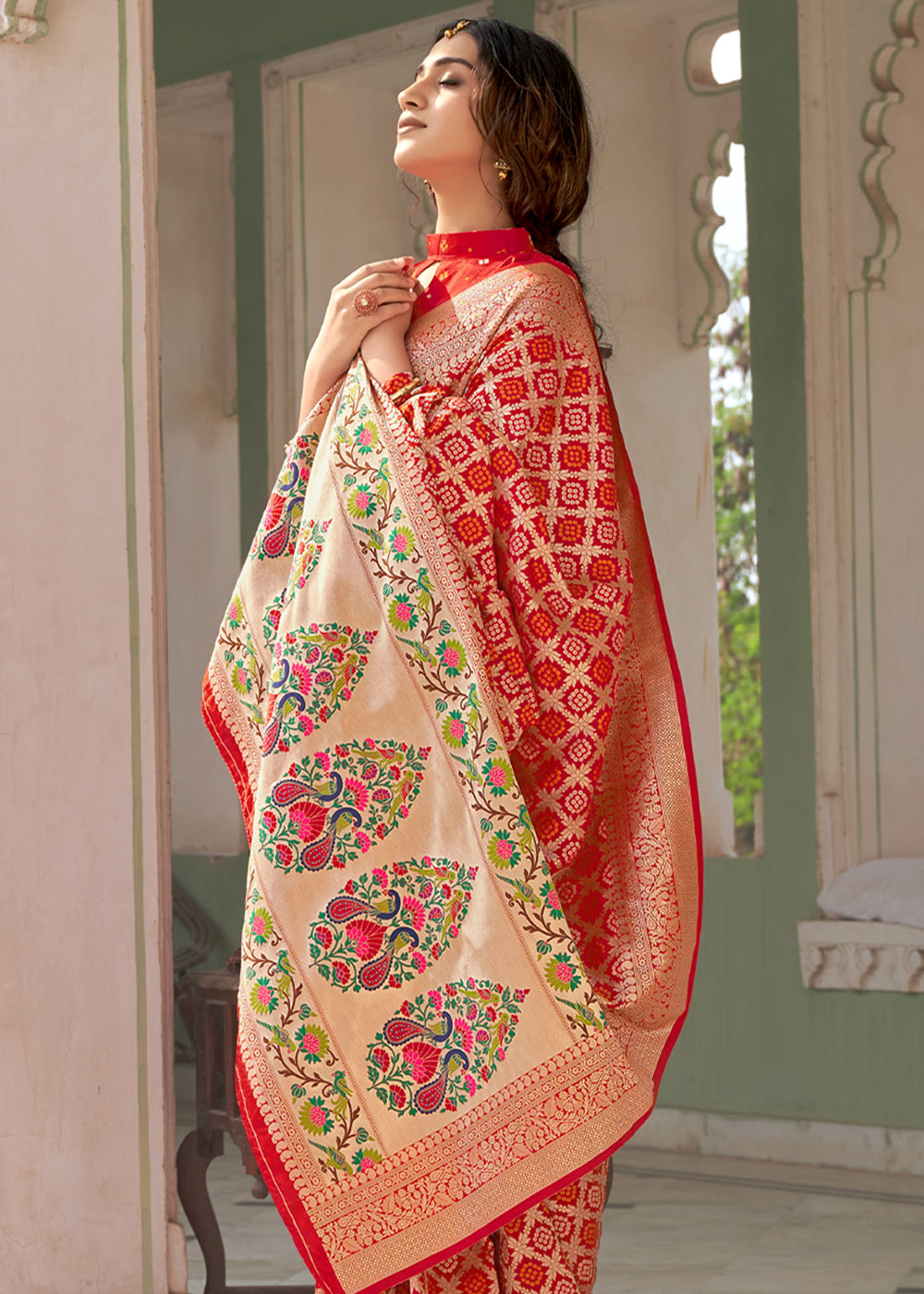 Flame Red Zari Woven Banarasi Brocade Saree