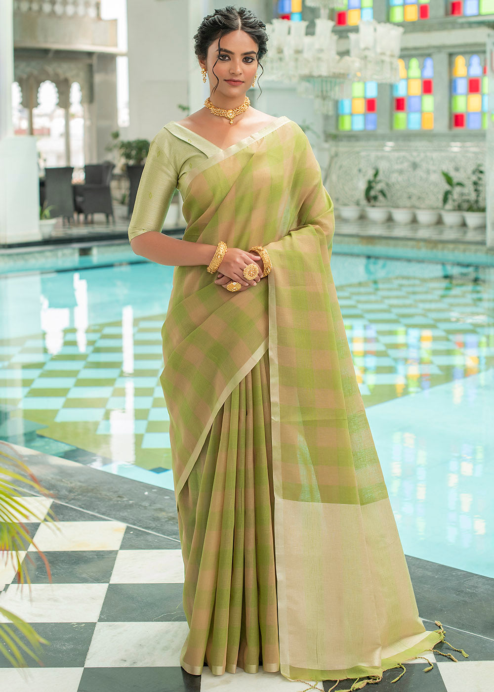 Husk Green Zari Woven Checks Linen Saree