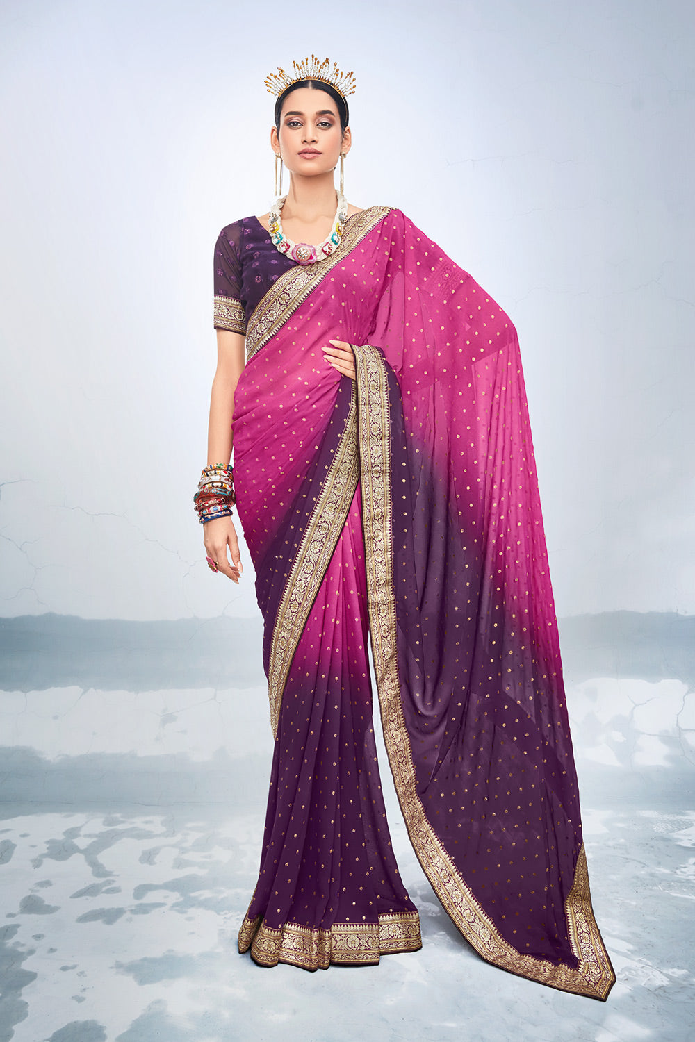 Mystic Pink and Purple Printed Georgette Saree