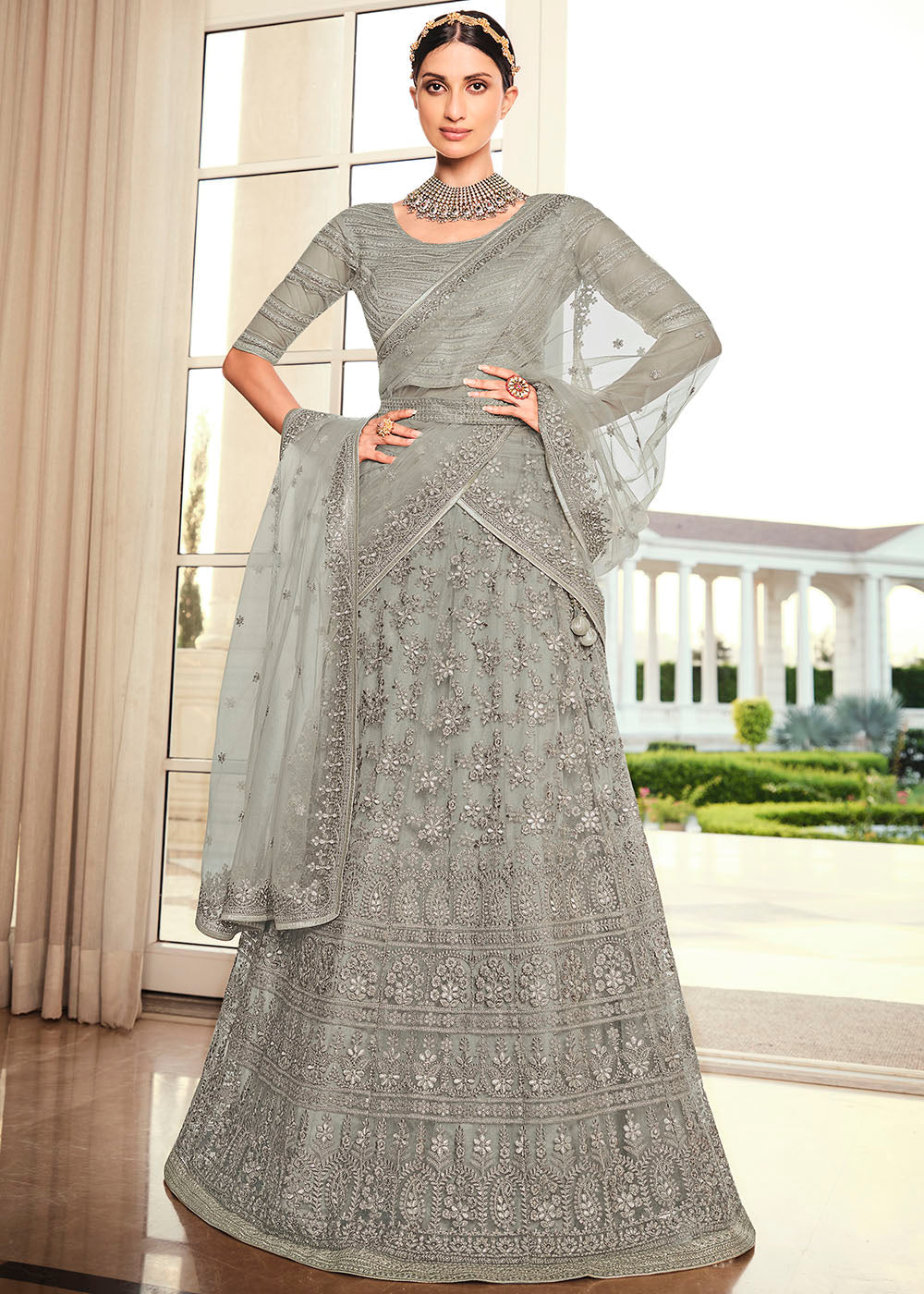 Dawn Grey Net Designer Lehenga With Heavy Embroidered Work