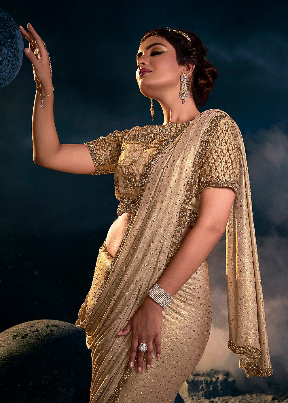 Barley Light Brown Designer Silk Saree with Sequence Pallu