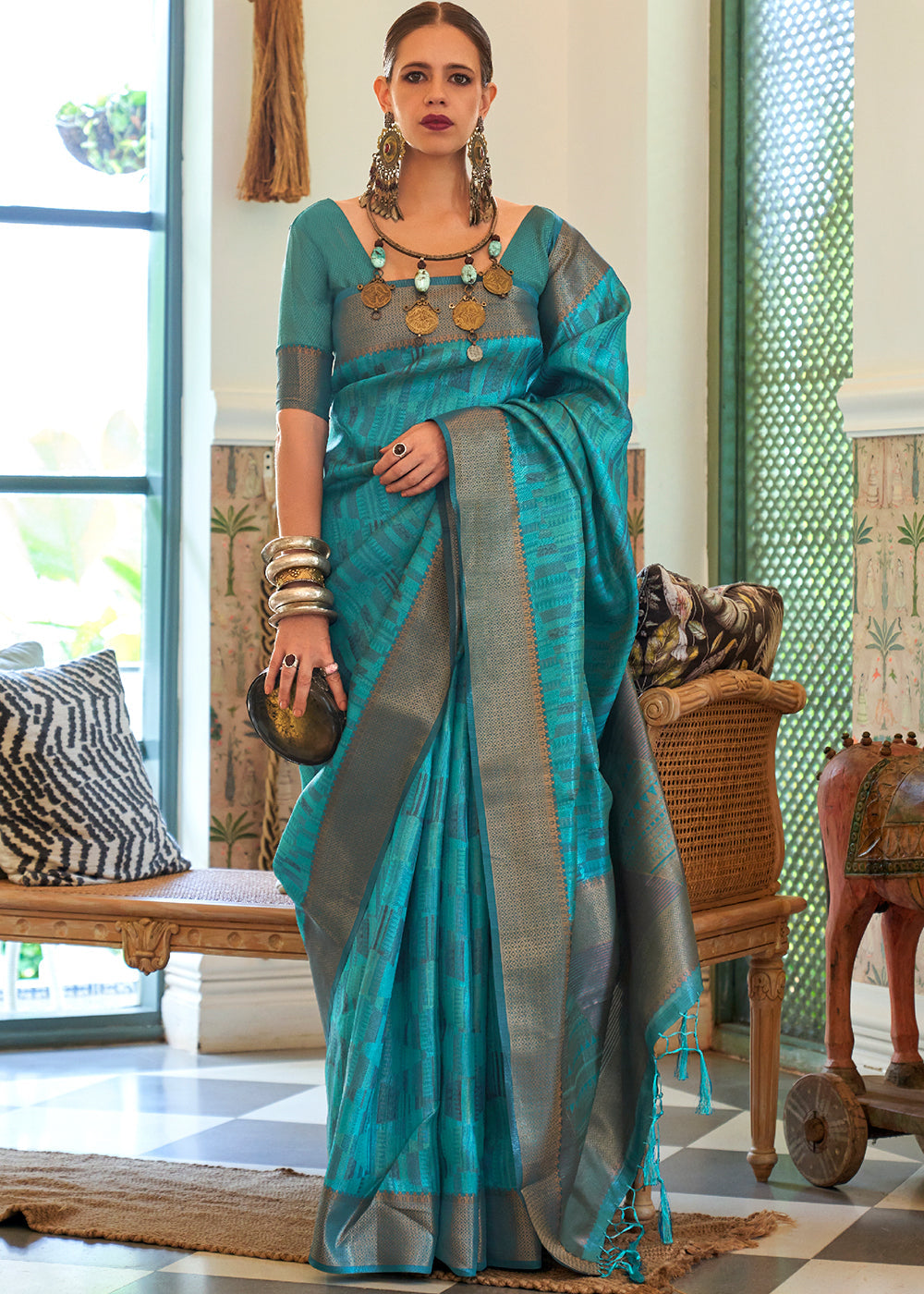 Tradewind Blue Handloom Organza Silk Saree by bollywood actress Kalki Koechlin