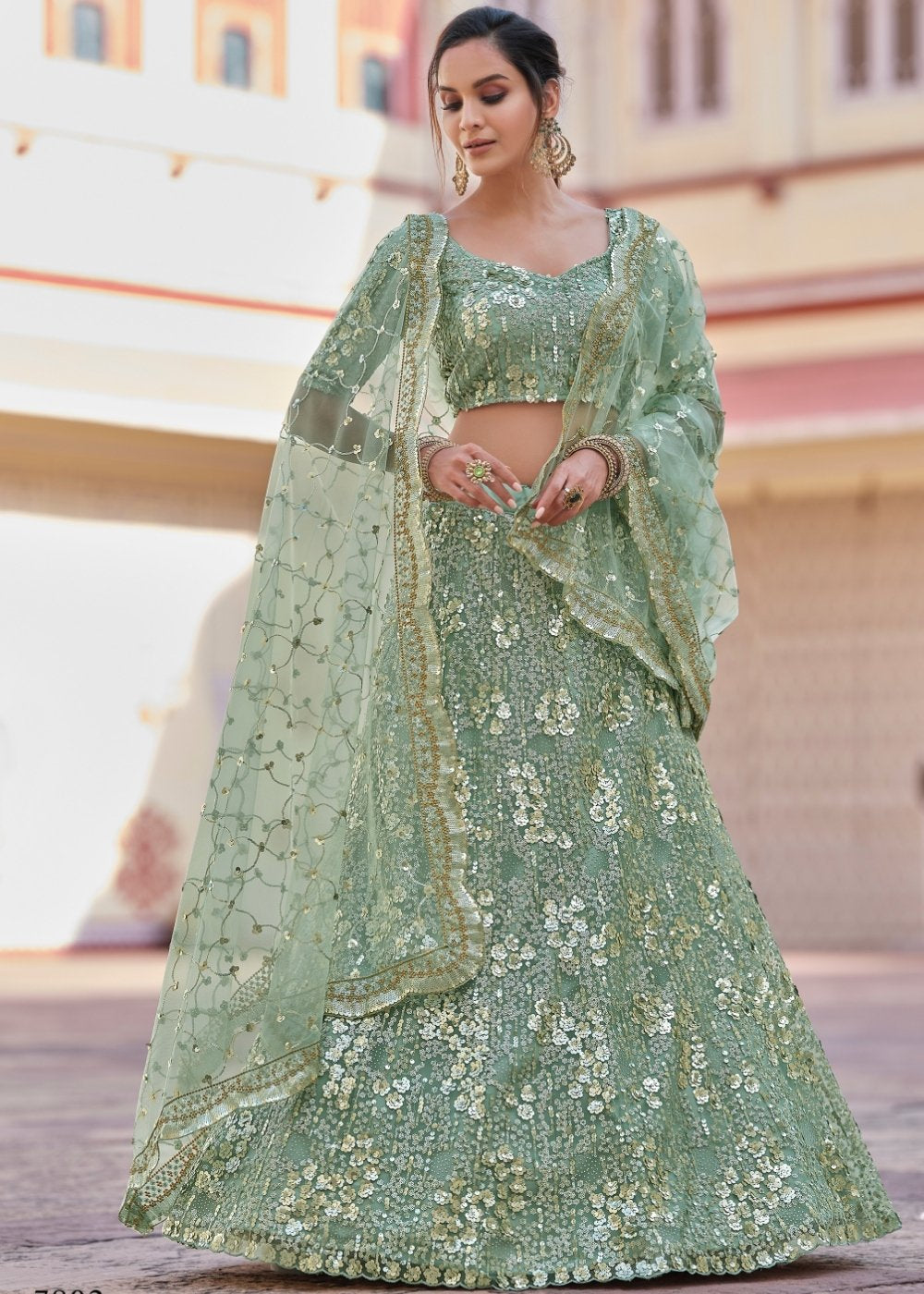 Sage Green Soft Net Designer Lehenga Choli