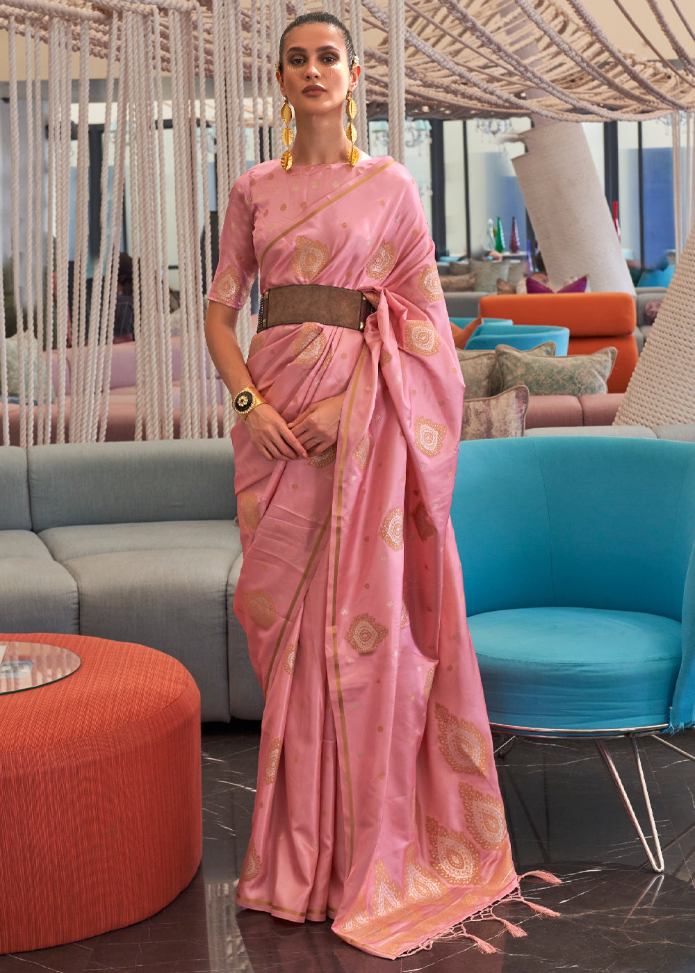 Wewak Pink Bronze Zari Woven Satin Silk Saree