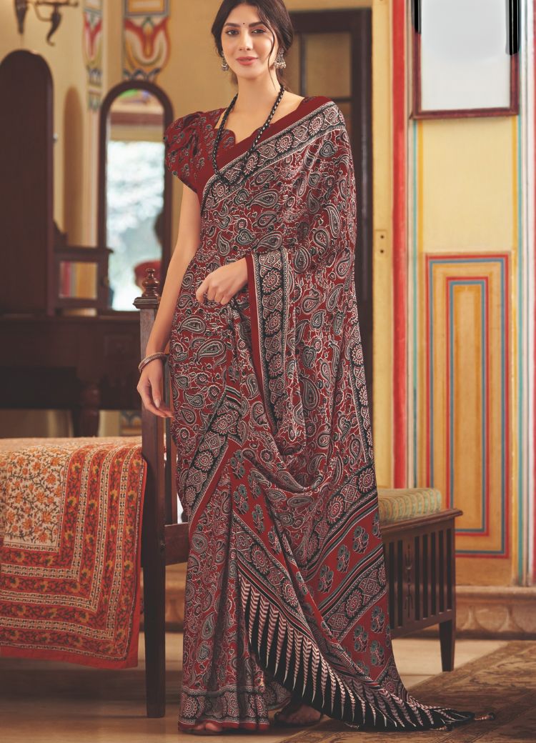 Nutmeg Dark Red Ajrakh Printed Satin Crepe Saree