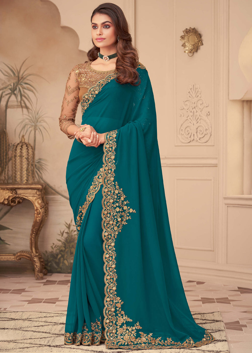 Blue Stone Georgette Designer Saree with Embroidered Blouse