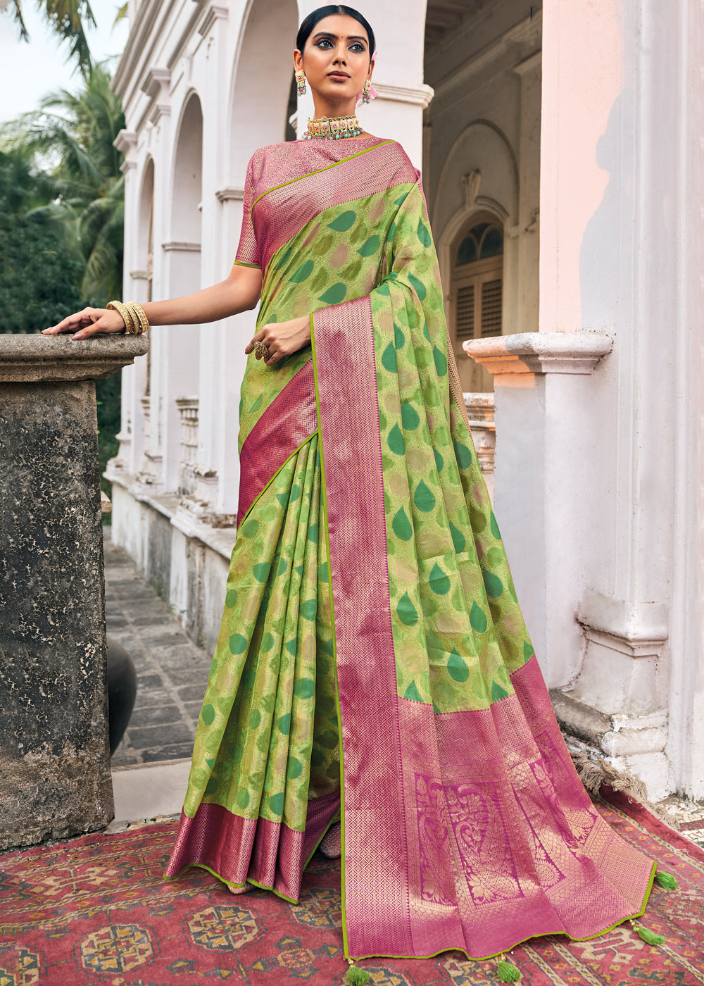 Celery Green and Pink Woven Organza Banarasi Silk Saree