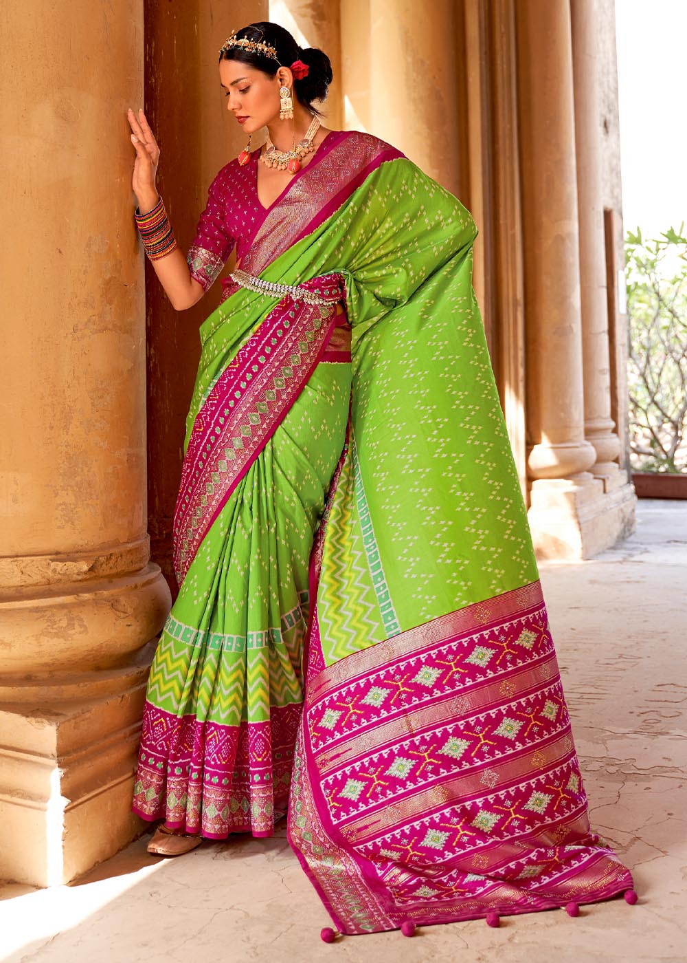 Peridot Green and Pink Printed Patola Saree