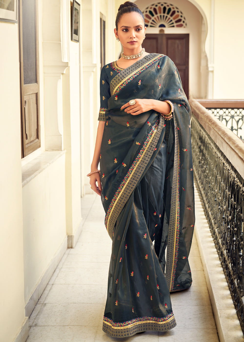 Outer Space Grey Woven Banarasi Georgette Silk Saree