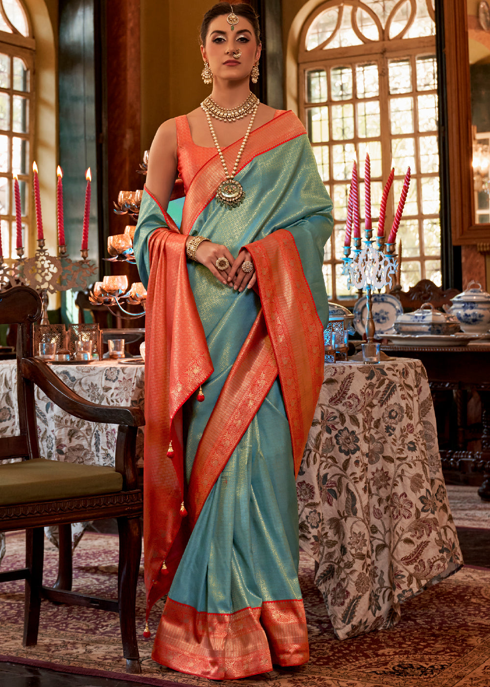 Stromboli Blue and Orange Woven Kanjivaram Saree