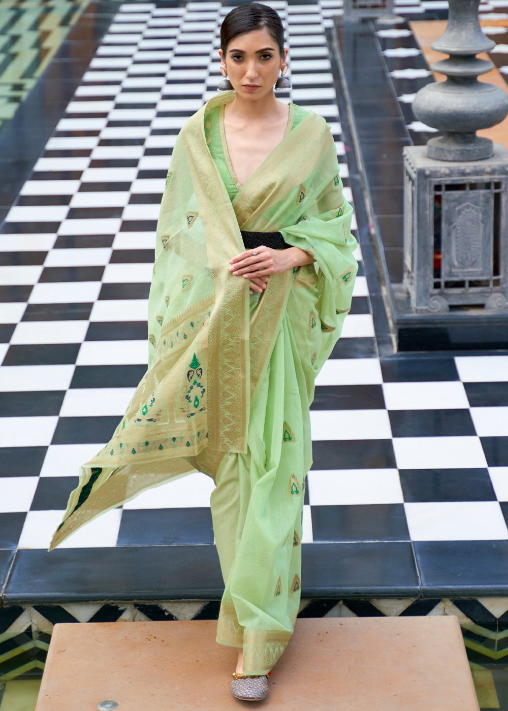 Moss Green Zari Woven Banarasi Linen Saree