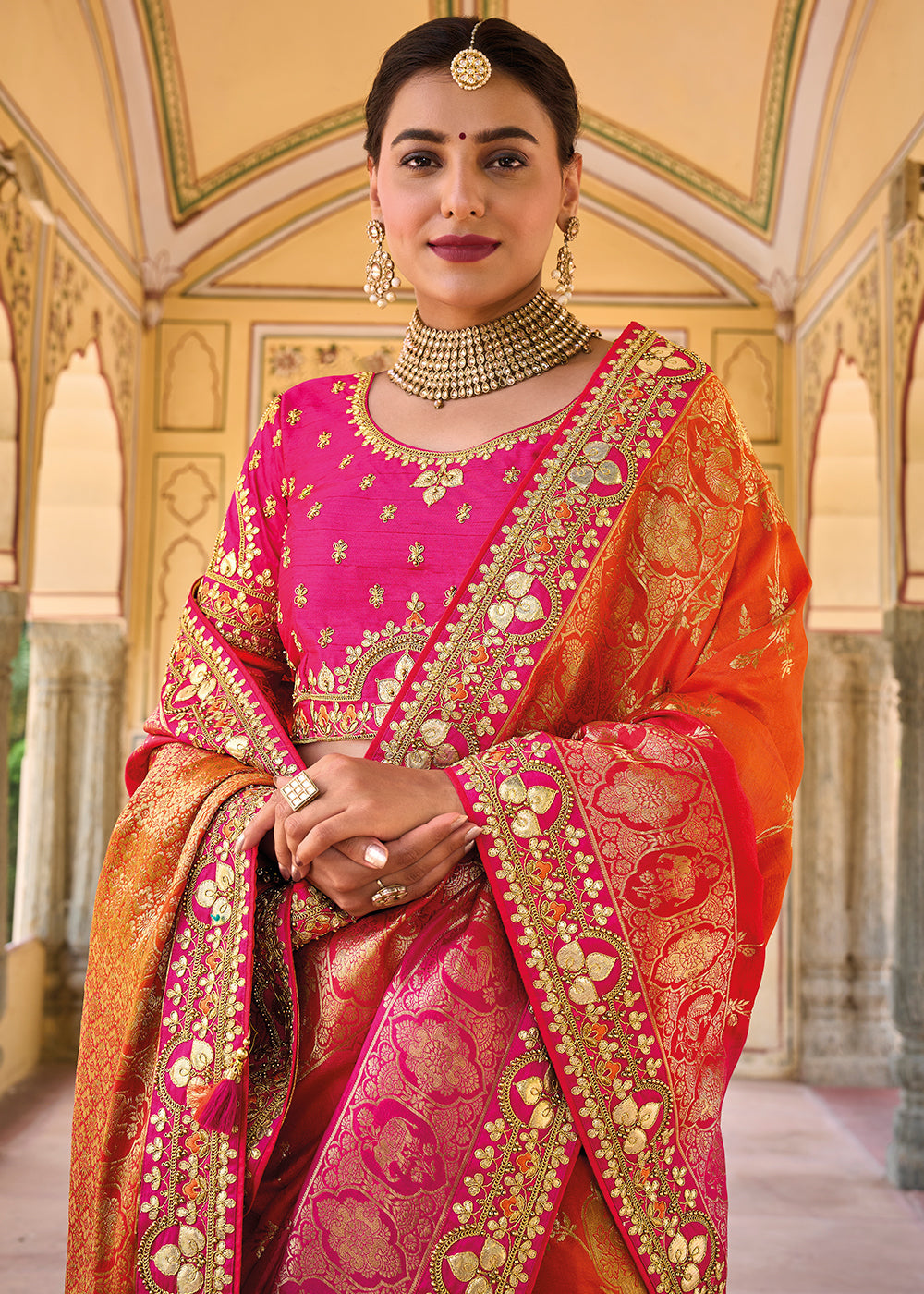 Mandy Pink and Orange Embroidered Dola Silk Saree