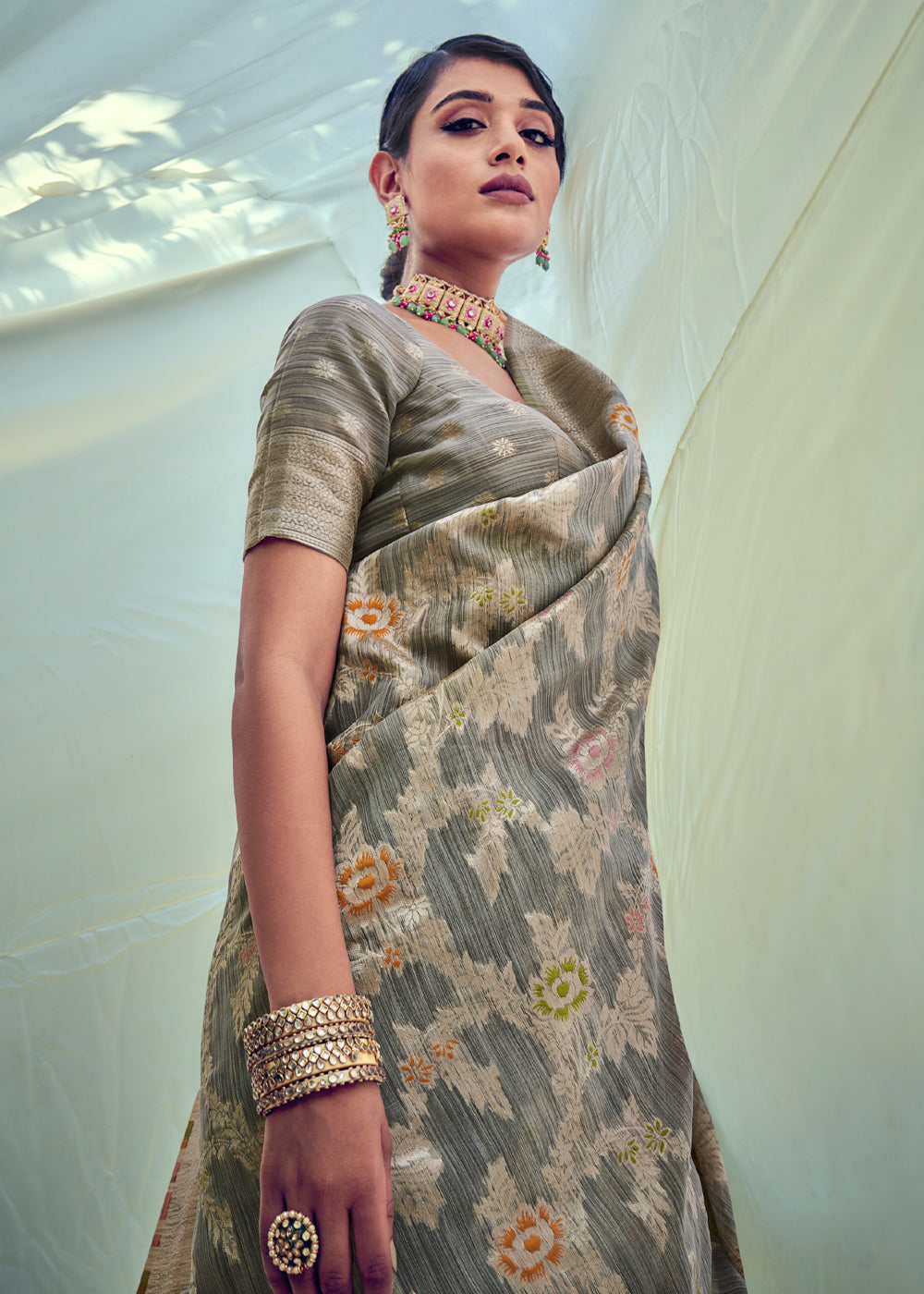 Grey Olive Zari Woven Banarasi Linen Saree