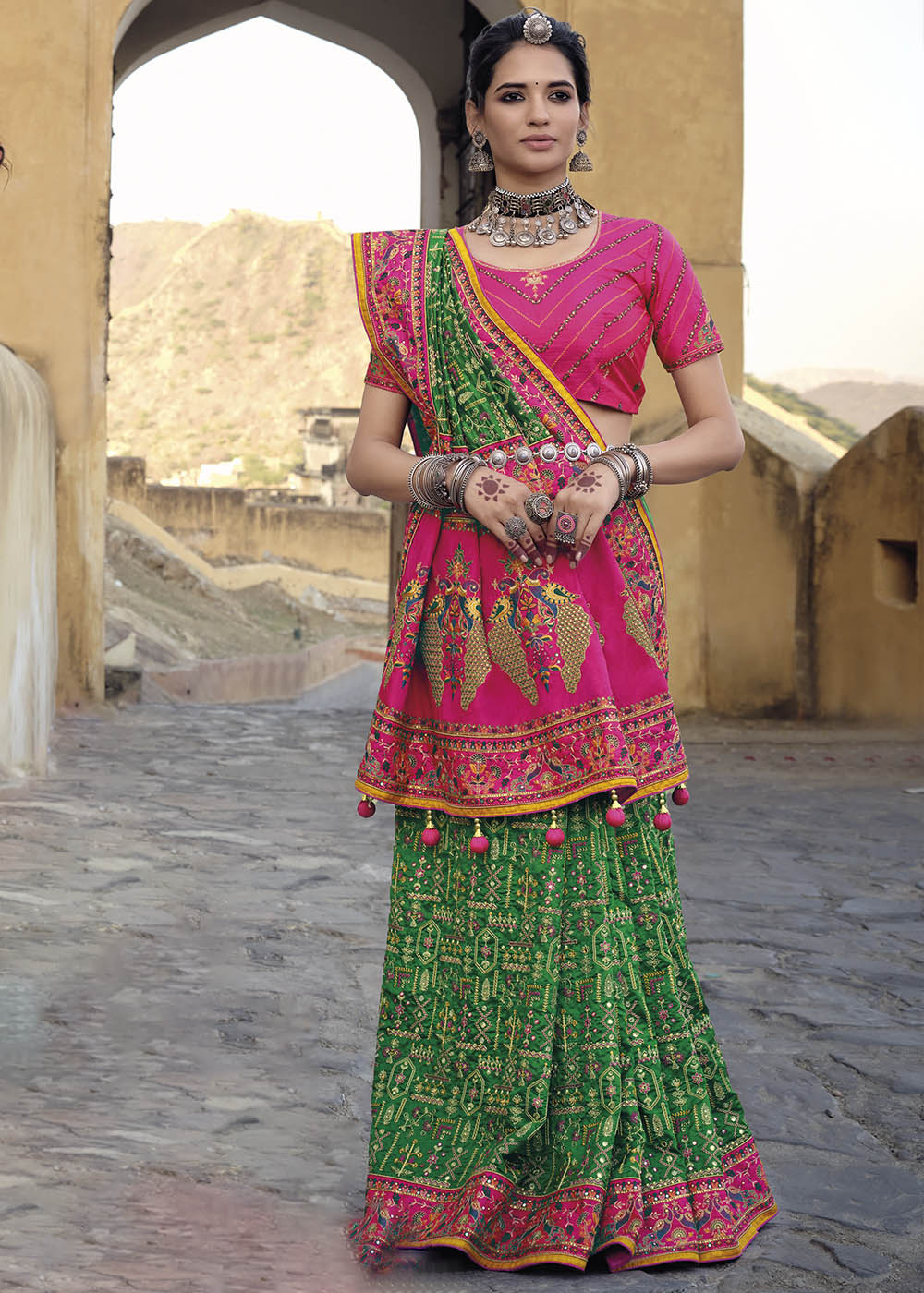 Forest Green and Pink Banarasi Saree with Kachhi,Mirror and Diamond Work