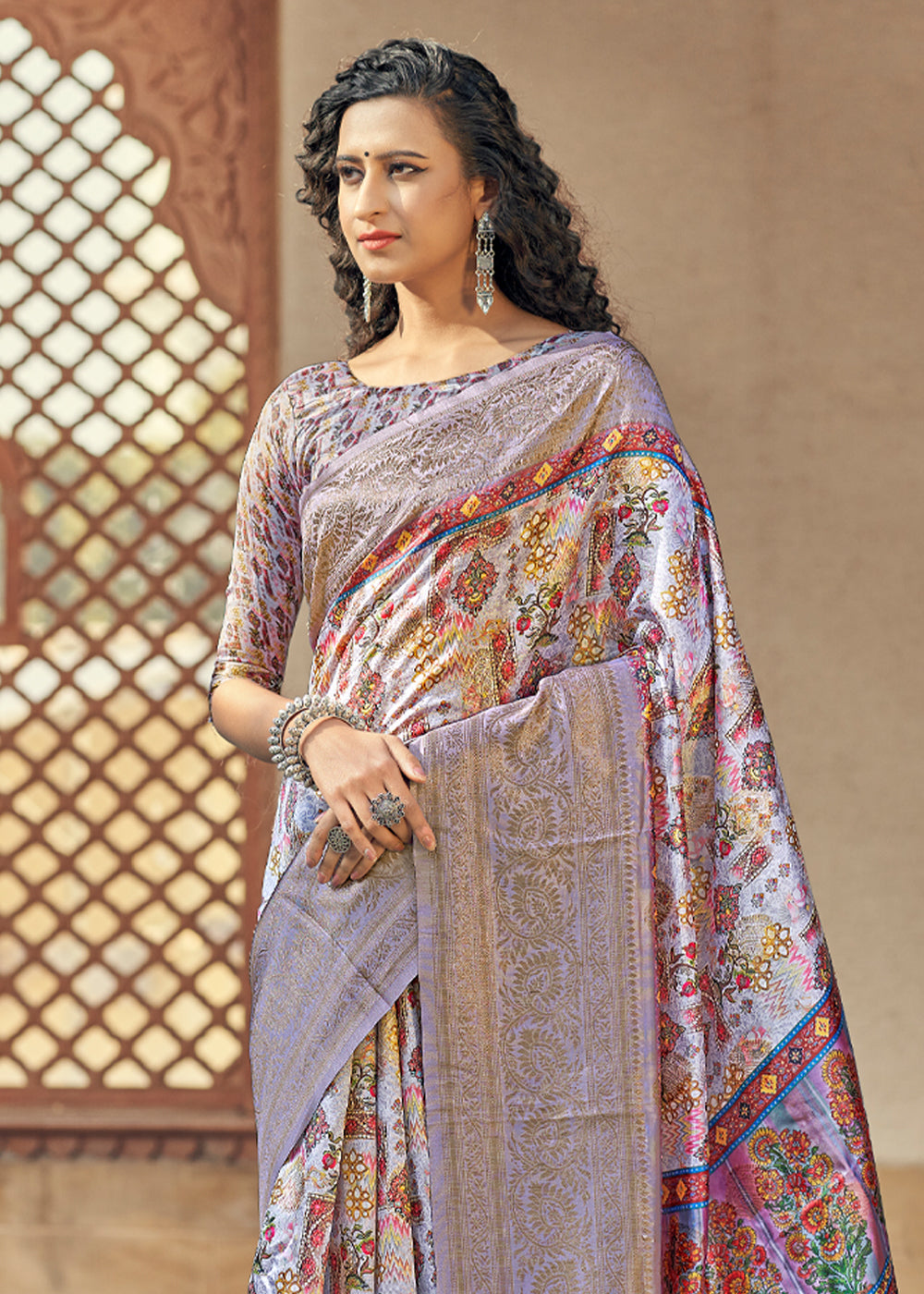 Lilac Luster Purple Digital Printed Jacquard Silk Saree