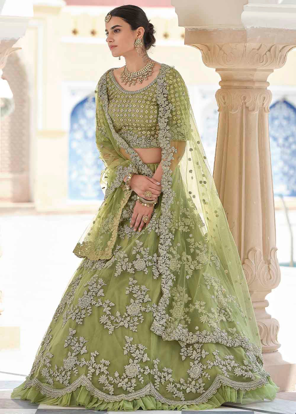 Gold Green Soft Net Designer Lehenga Choli With Dori & Sequins Work