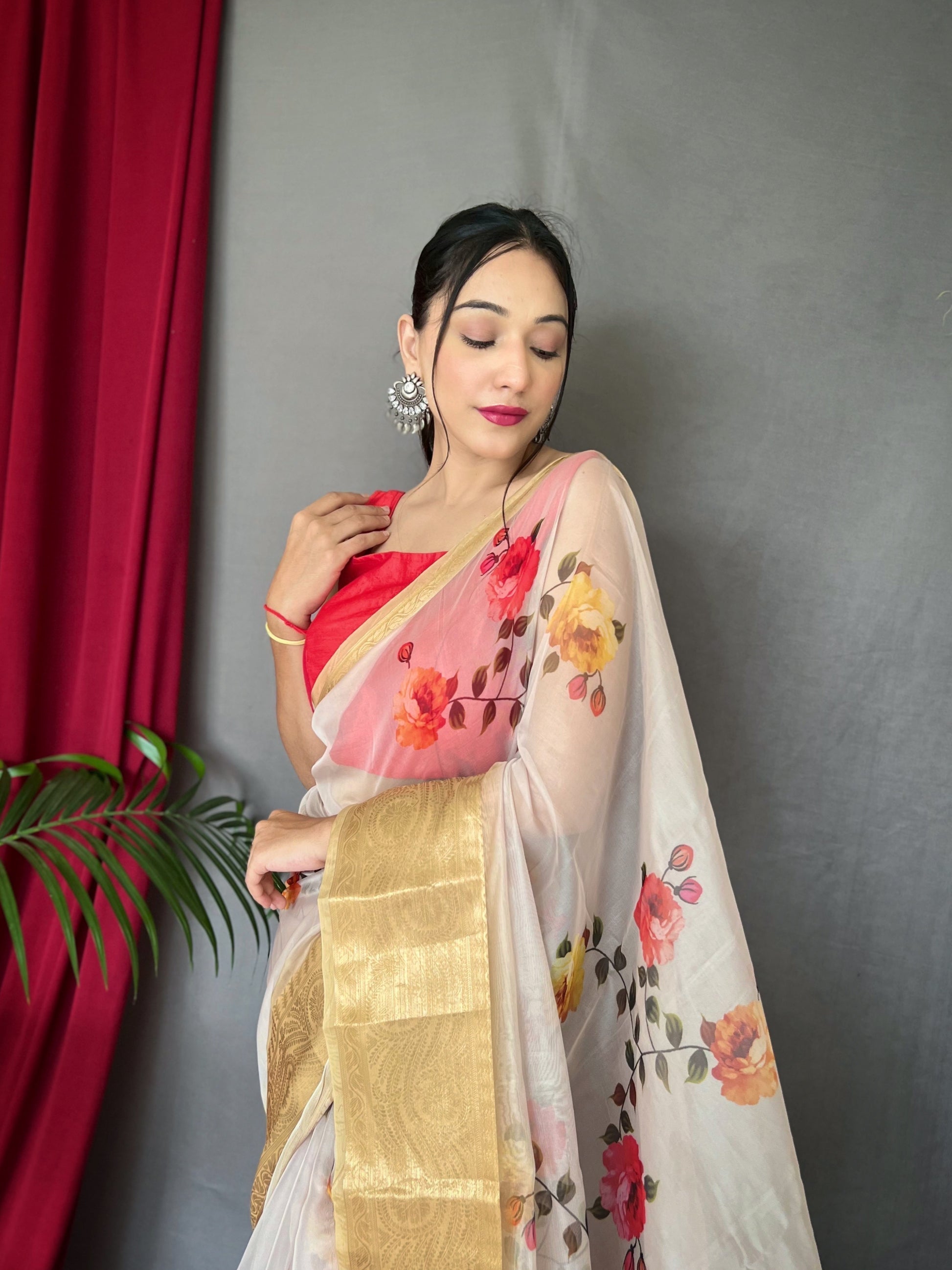 Bone White Organza Digital Floral Printed Saree