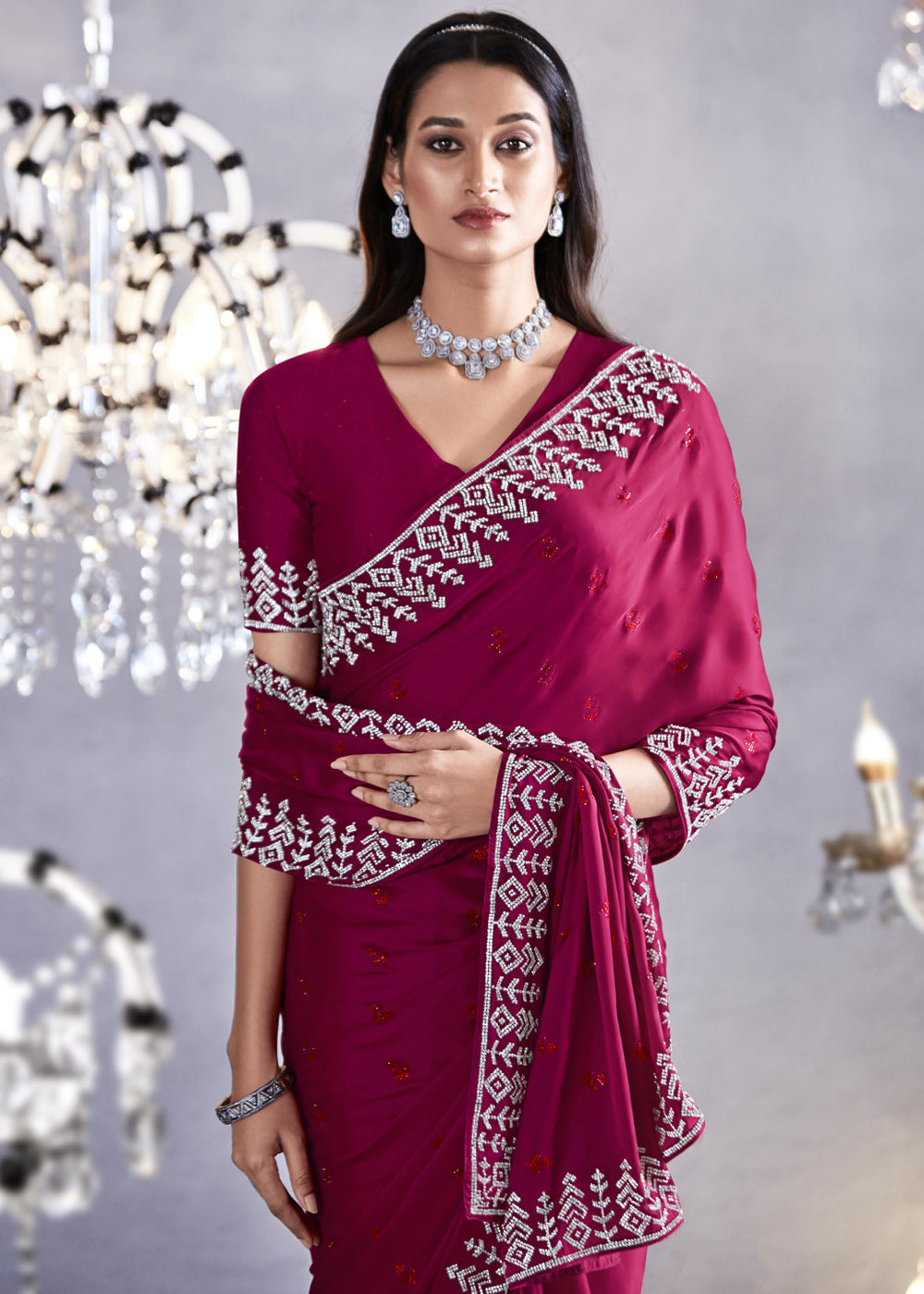 Hibiscus Pink Woven Embroidered Satin Silk Saree