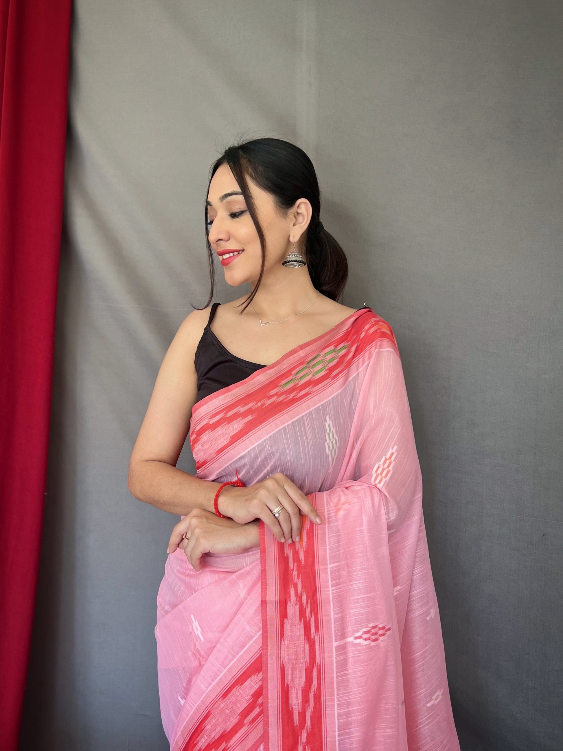 Pastel Pink Ikat Woven Cotton Silk Saree