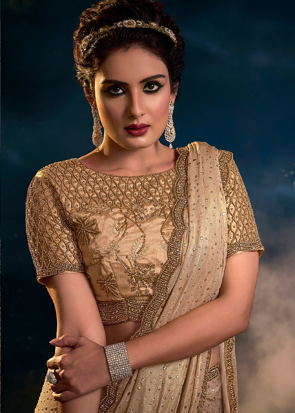 Barley Light Brown Designer Silk Saree with Sequence Pallu