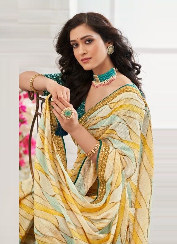 Anzac Yellow Chinon Printed Saree