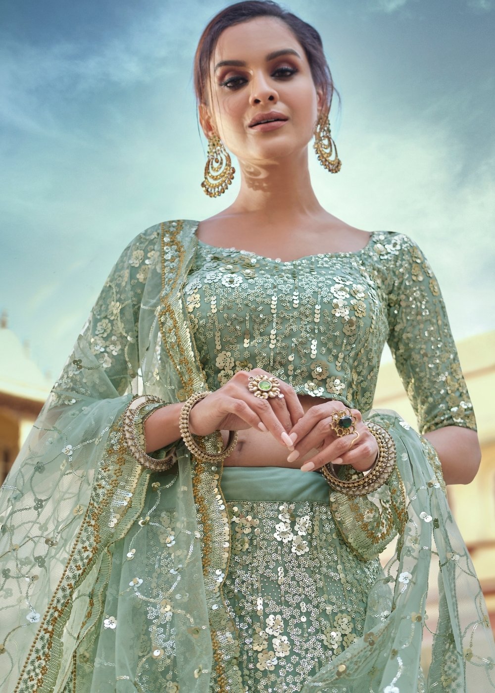 Sage Green Soft Net Designer Lehenga Choli