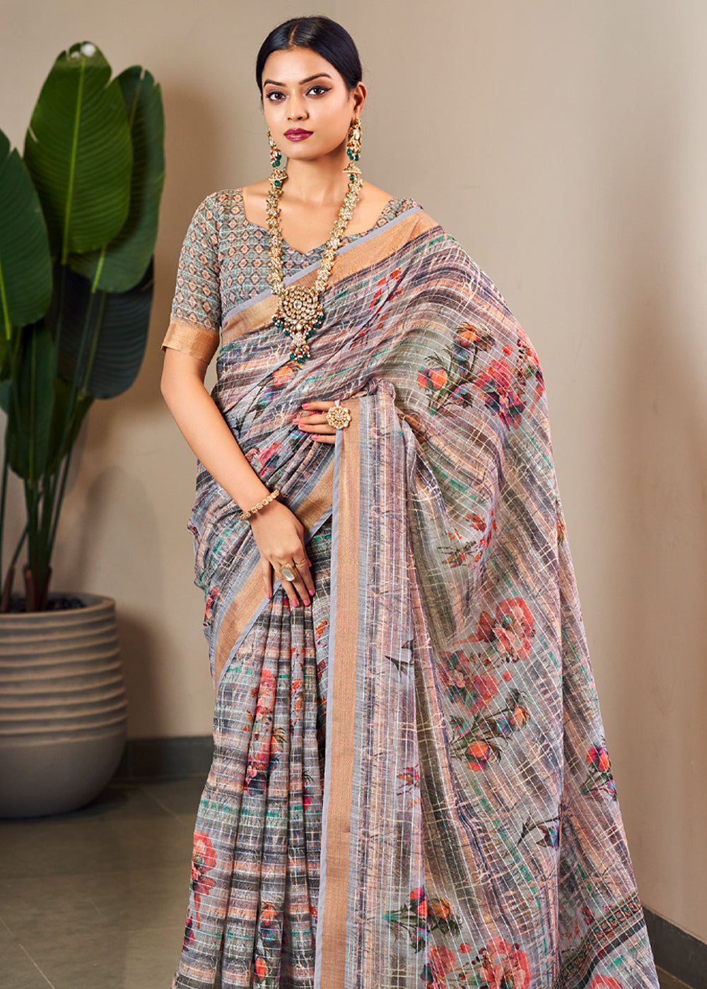 Gunsmoke Grey Linen Saree with Digital Print