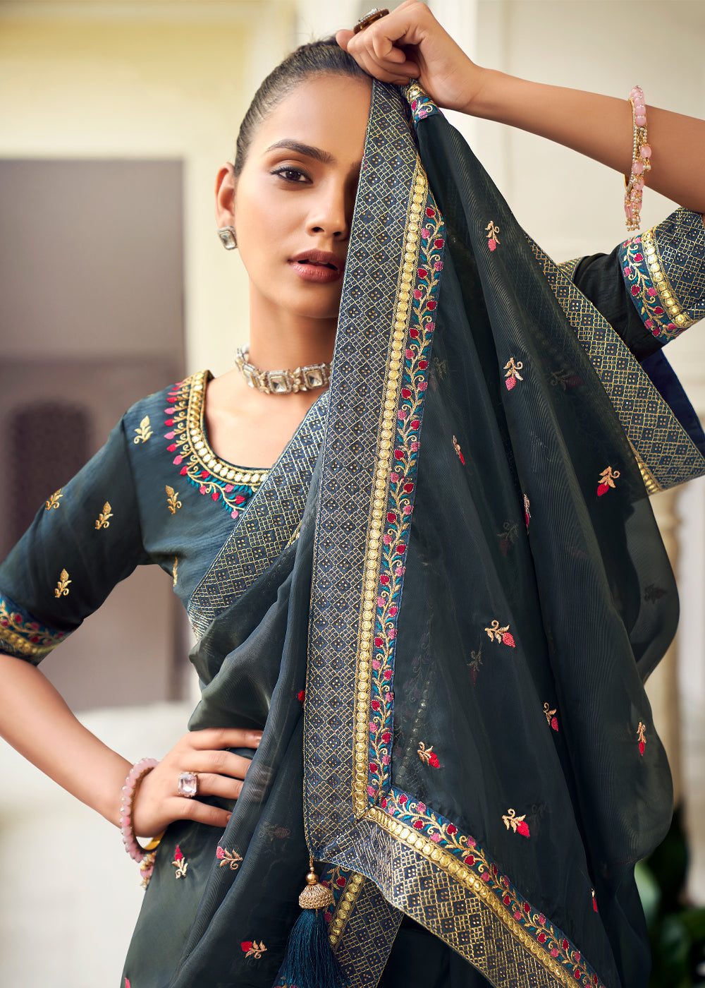 Outer Space Grey Woven Banarasi Georgette Silk Saree