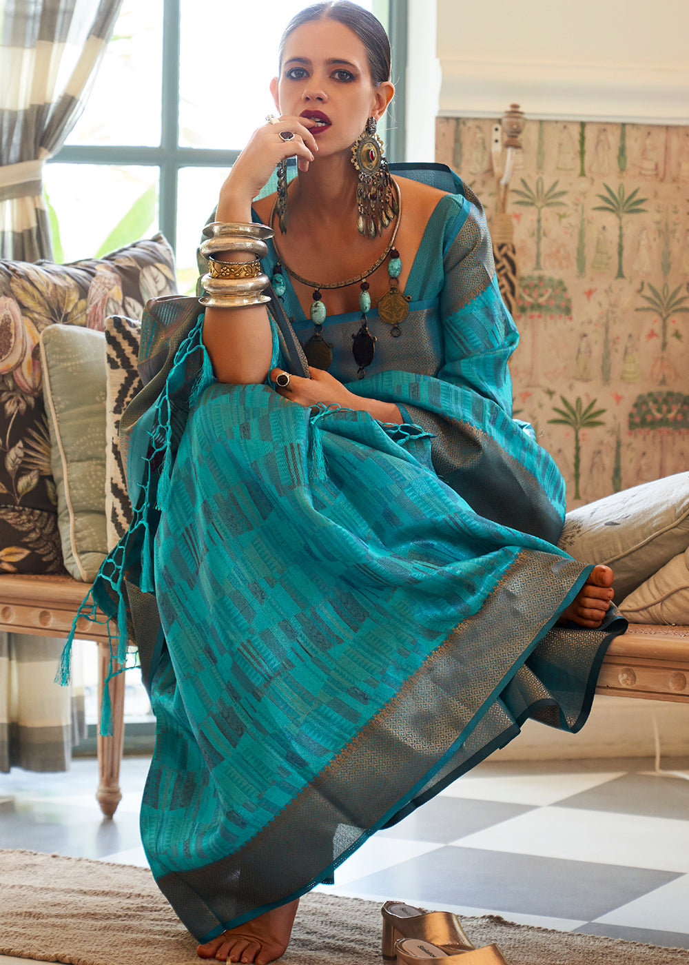 Tradewind Blue Handloom Organza Silk Saree by bollywood actress Kalki Koechlin