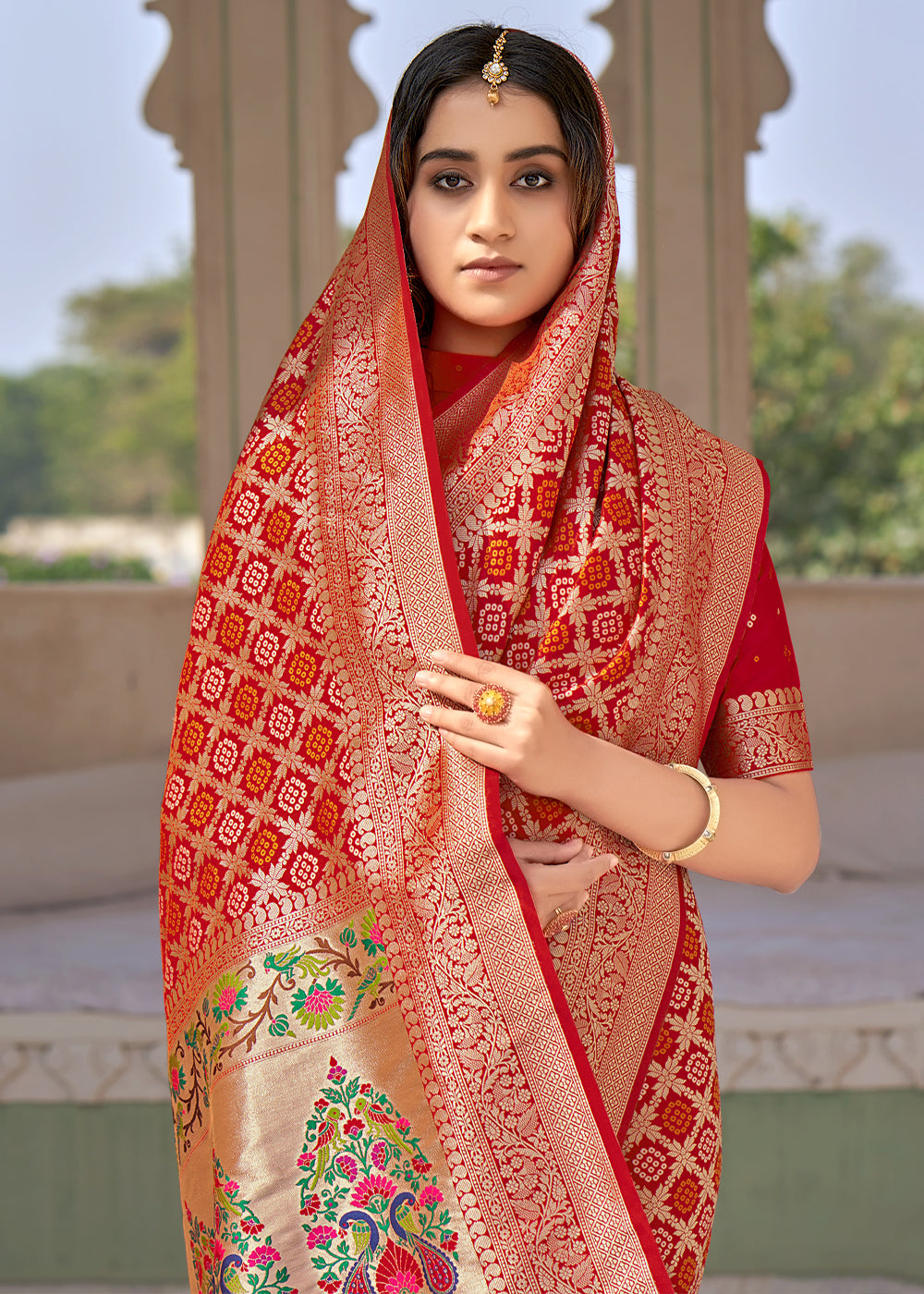 Flame Red Zari Woven Banarasi Brocade Saree