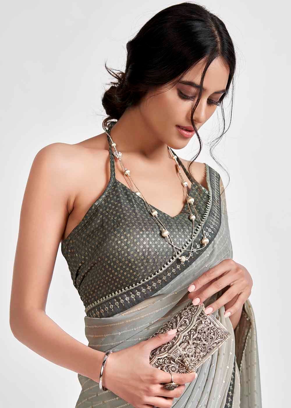 Tea Grey Printed Georgette Saree