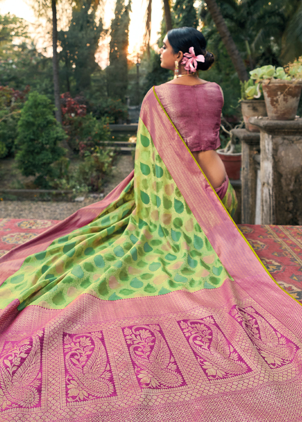 Celery Green and Pink Woven Organza Banarasi Silk Saree