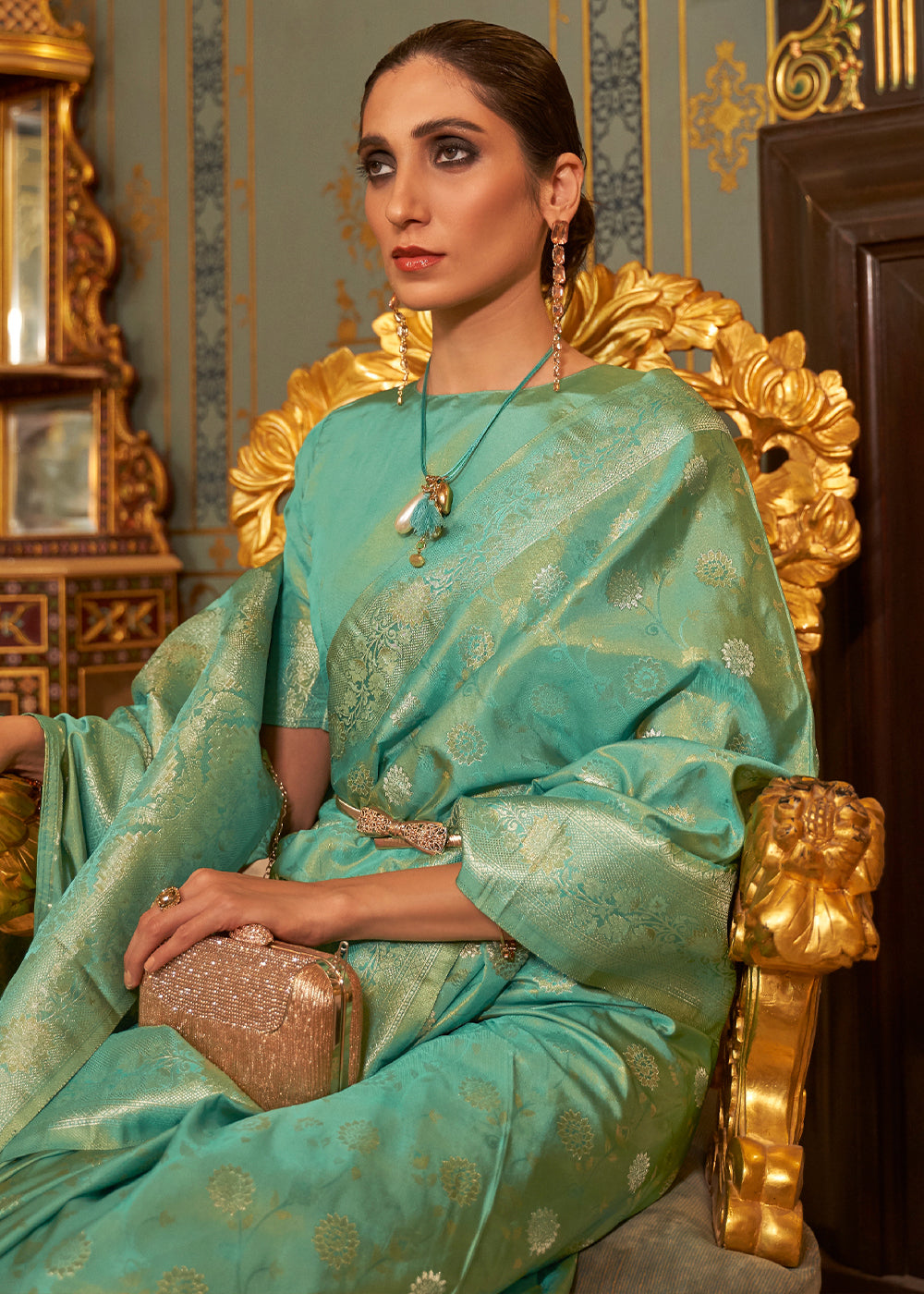 Acapulco Green Zari Woven Banarasi Brocade Saree