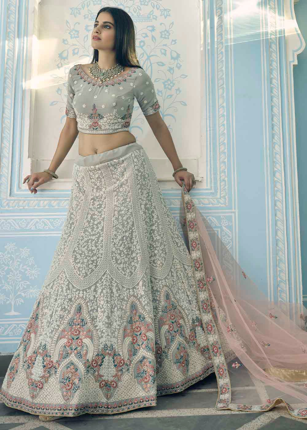 Tea Grey Designer Georgette Lehenga Choli