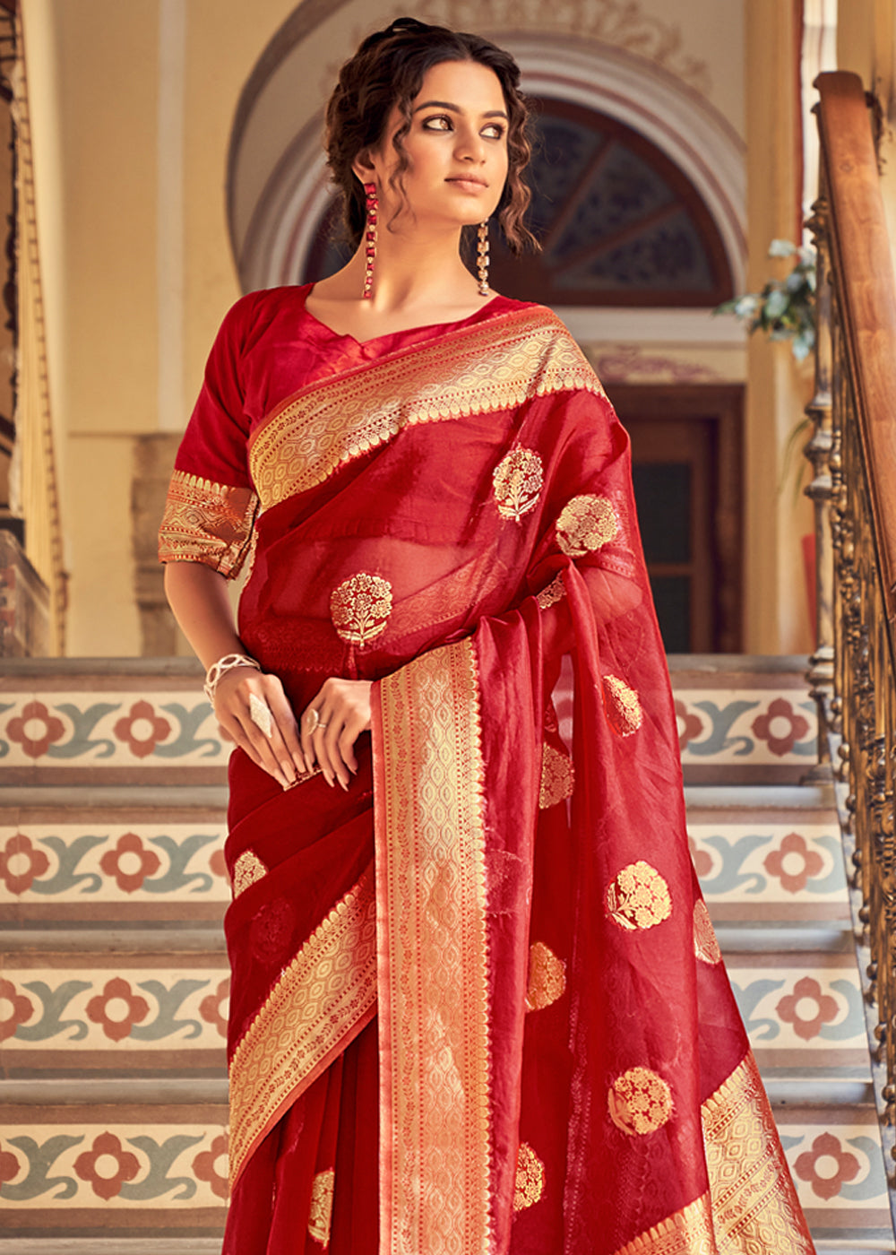 Poppy Red Zari Woven Banarasi Organza Saree